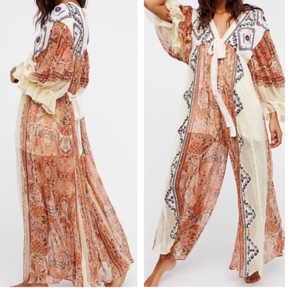 Free People Cream and Tan Printed Boho Jumpsuit